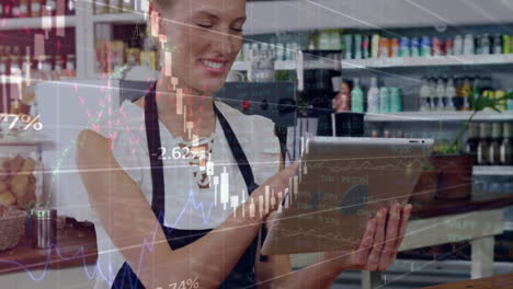 animación de procesamiento de datos y diagramas sobre barista caucásica usando tableta en una cafetería