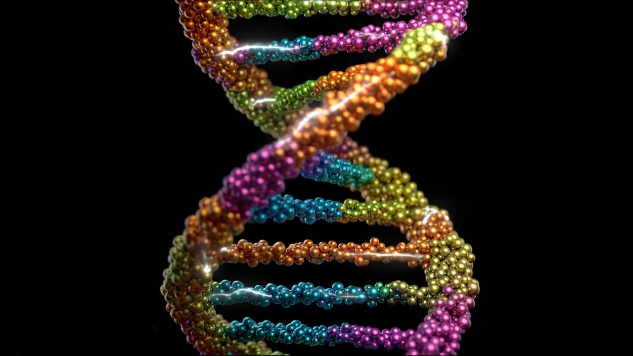 Rotating Colorful DNA Double Helix Structure on Black Background