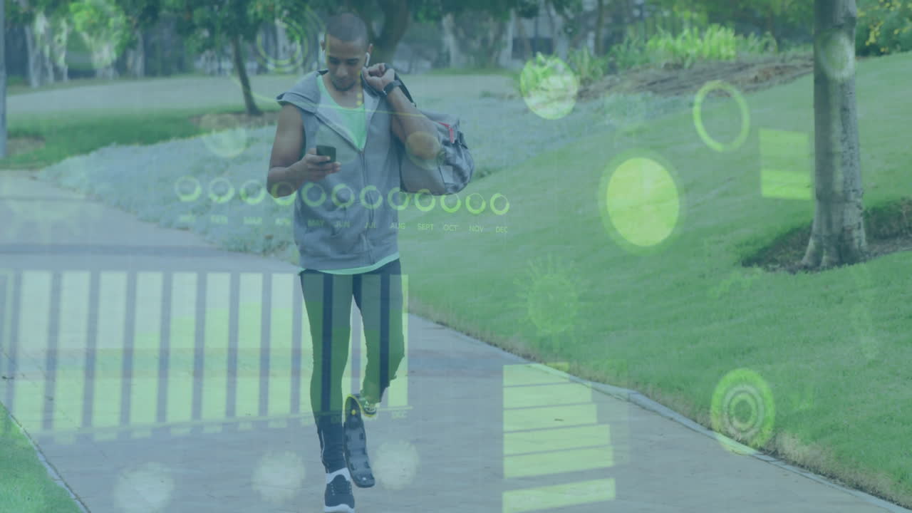 Walking in park, man tracking fitness data with animation overlay
