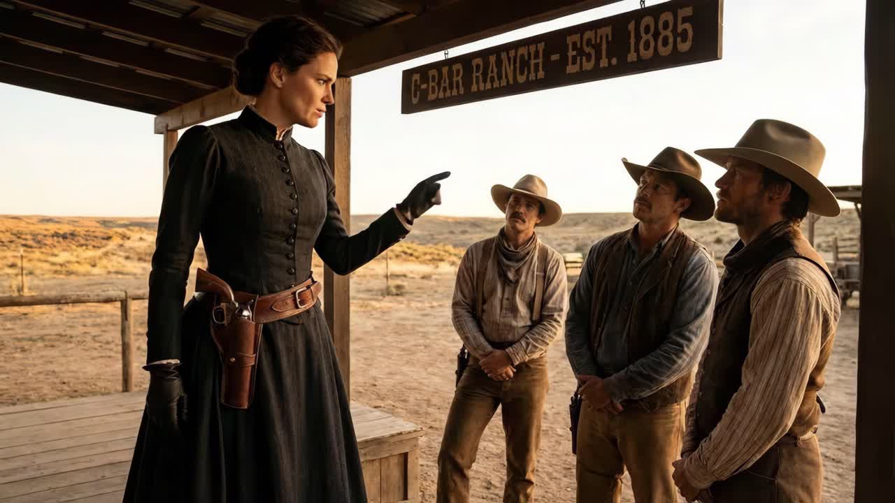 Scena di un film western con una donna e dei cowboy