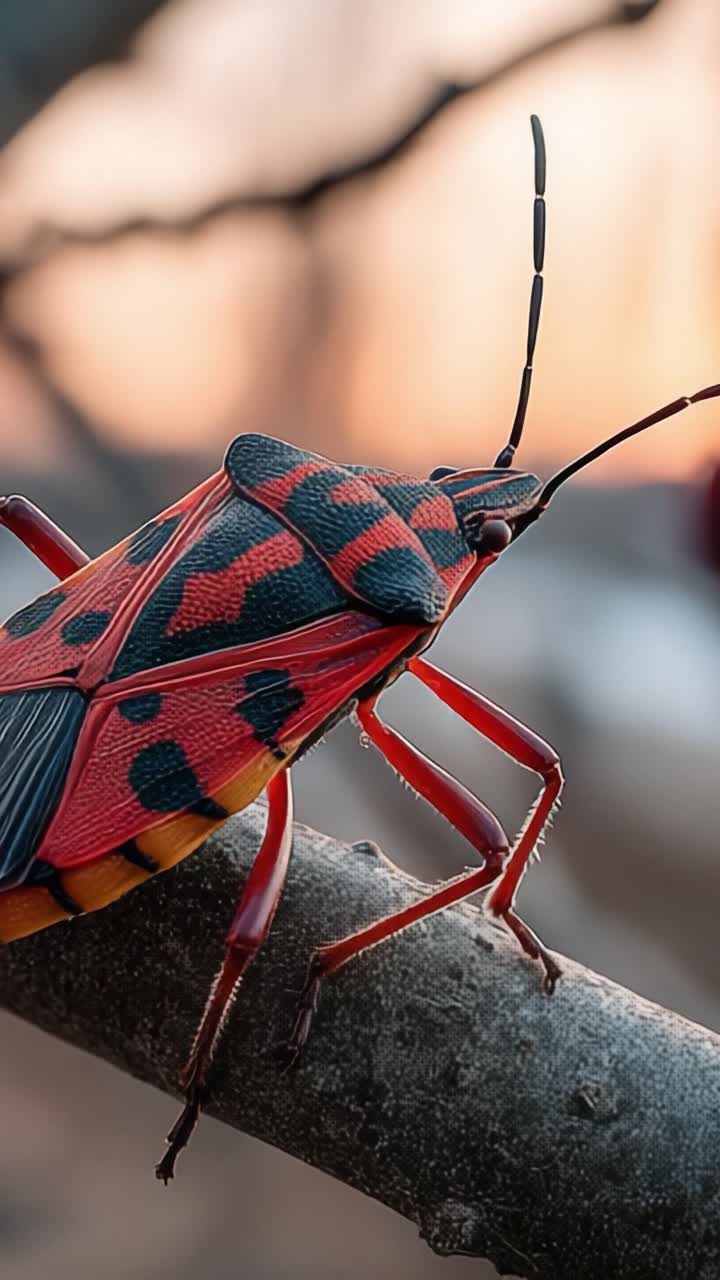 Close-up of a Beautifully Colored Insect Climbing on a Branch, Showcasing Its Striking Red and Black Pattern Against a Blurred Natural Background