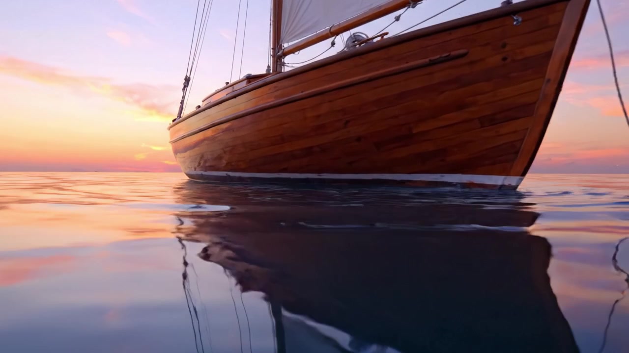 Riflessi del Tramonto su Acque Calme: Una Barca a Vela Affascinante Scivola su un Oceano Tranquillo con Colori Vibranti e un'Atmosfera Serena.
