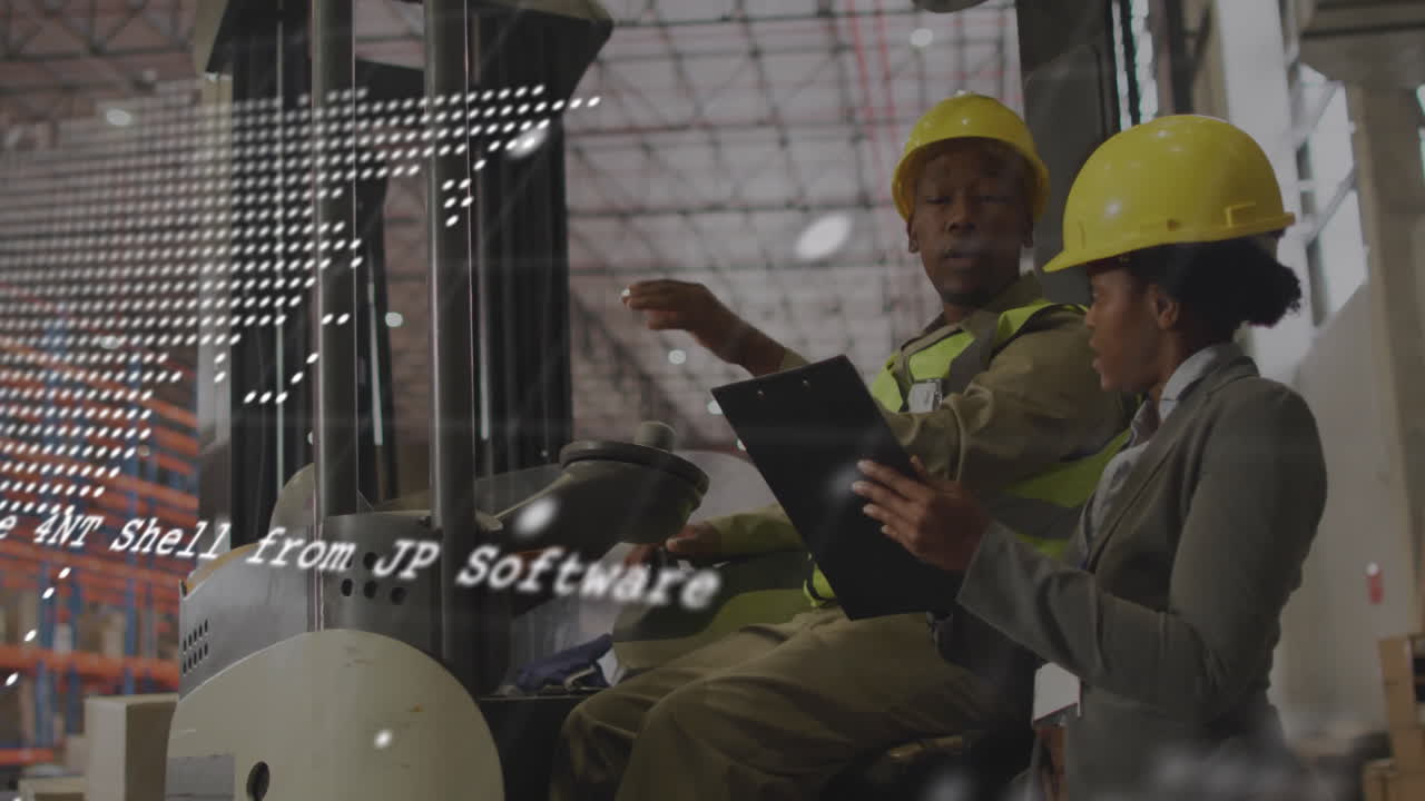 Animation of data processing over diverse people working in warehouse