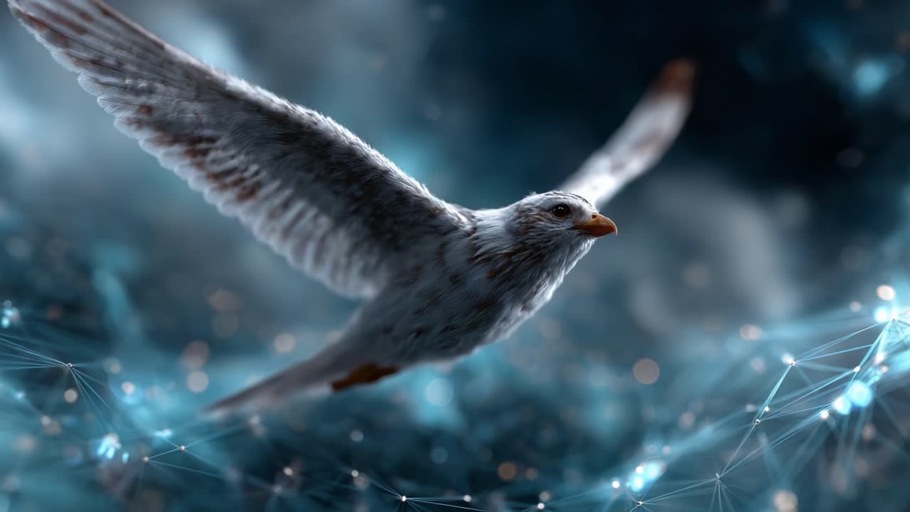 A Majestic Bird in Flight: This Stunning Visual Captures the Elegance and Grace of a Bird Soaring Through a Ethereal and Dreamlike Sky Filled with Light and Energy