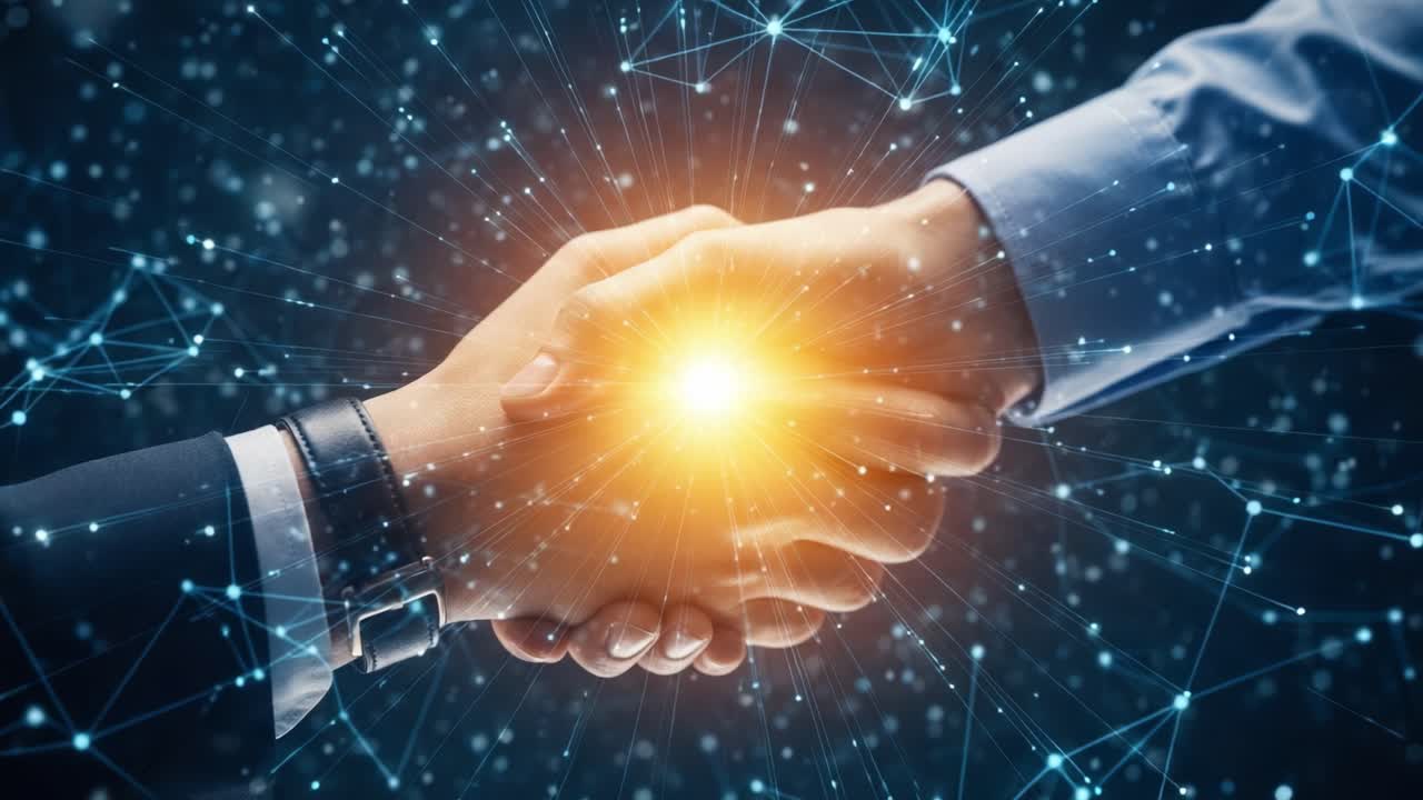 A Powerful Exchange of Ideas and Collaborations: Two Hands Shaking in a Digital Sphere Symbolizing Unity and Innovation in a Modern World