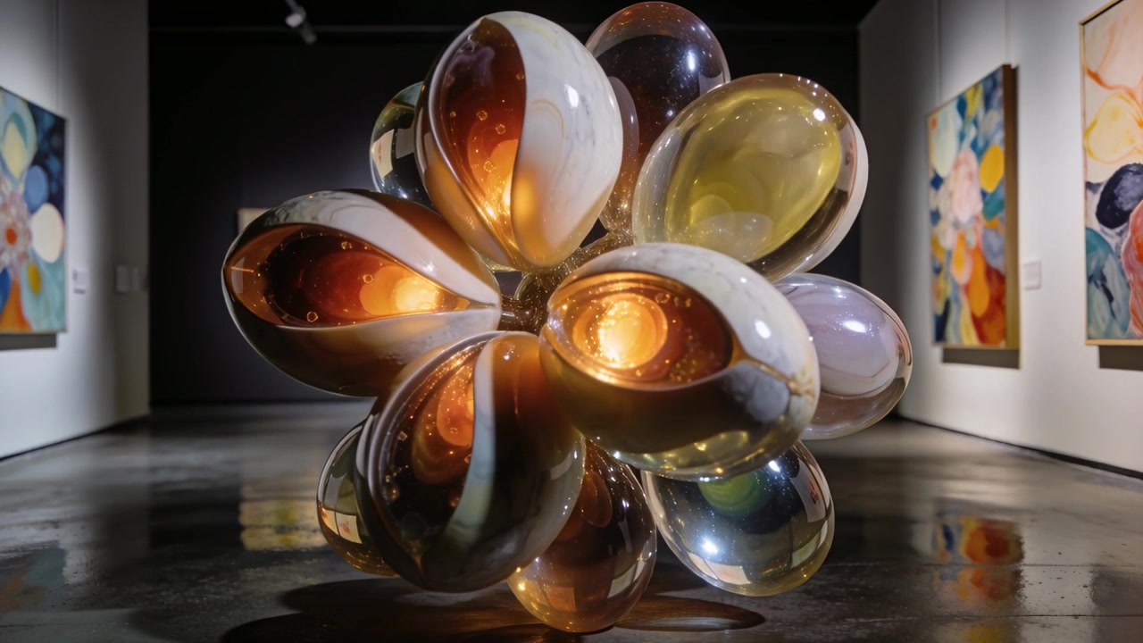 Camera panning in gallery turning glass artwork showing amber core and floor reflections