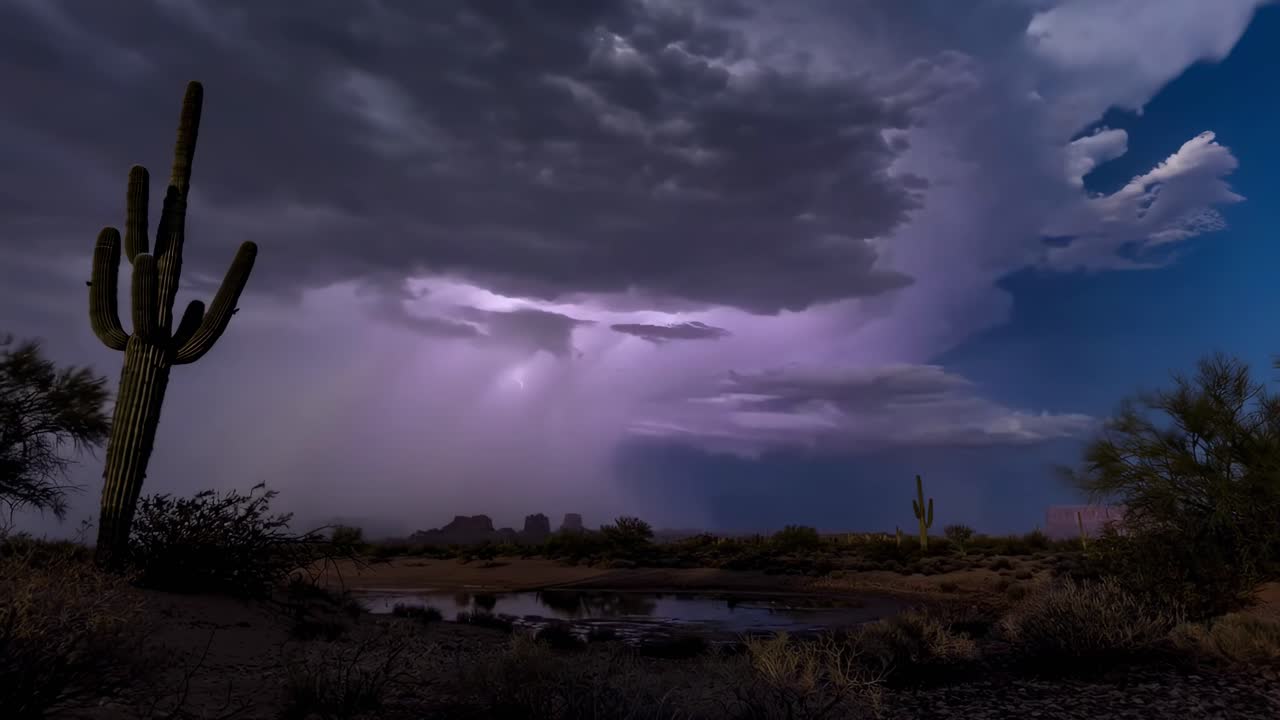 Drammatica tempesta di fulmini su un paesaggio desertico con cactus Saguaro di notte.