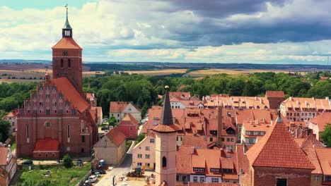 drone view on a touristic city with a medieval church and castle