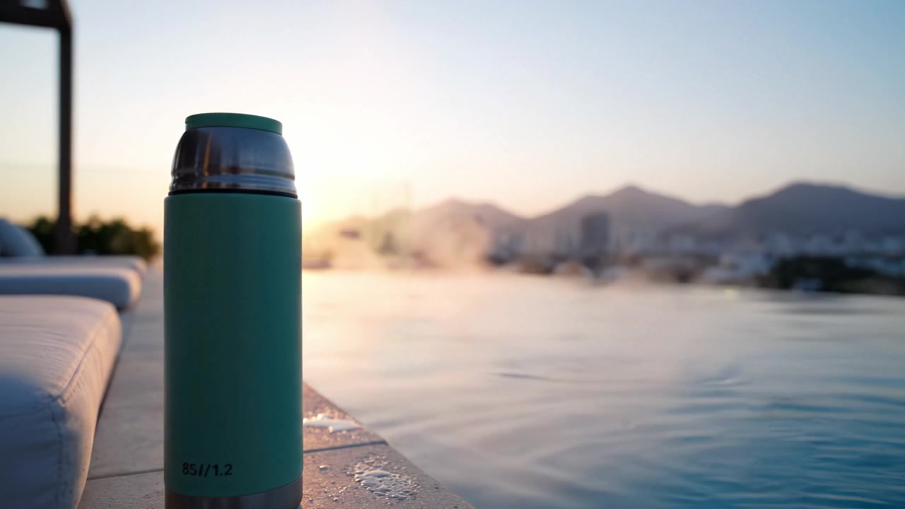 Una Serena Escena Matutina con un Elegante Termo Junto a una Piscina Tranquila y una Impresionante Vista a la Montaña de Fondo Capturada a la Luz del Amanecer