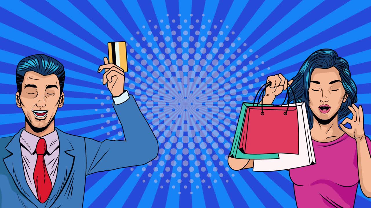 쇼핑 가방과 신용 카드 팝 아트 애니메이션을 가진 비즈니스 커플
