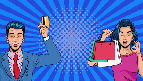 pareja de negocios con bolsas de compras y tarjeta de crédito animación de arte pop