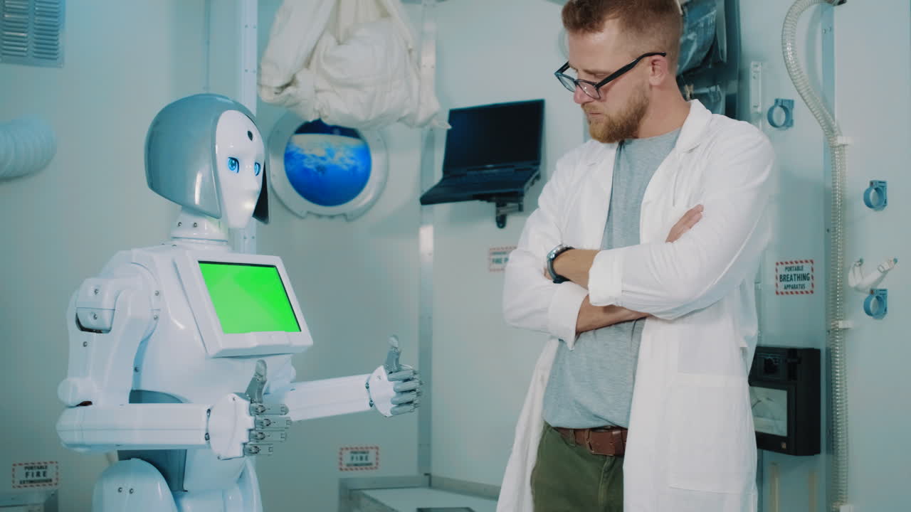 colaboración de robots y científicos en el laboratorio espacial