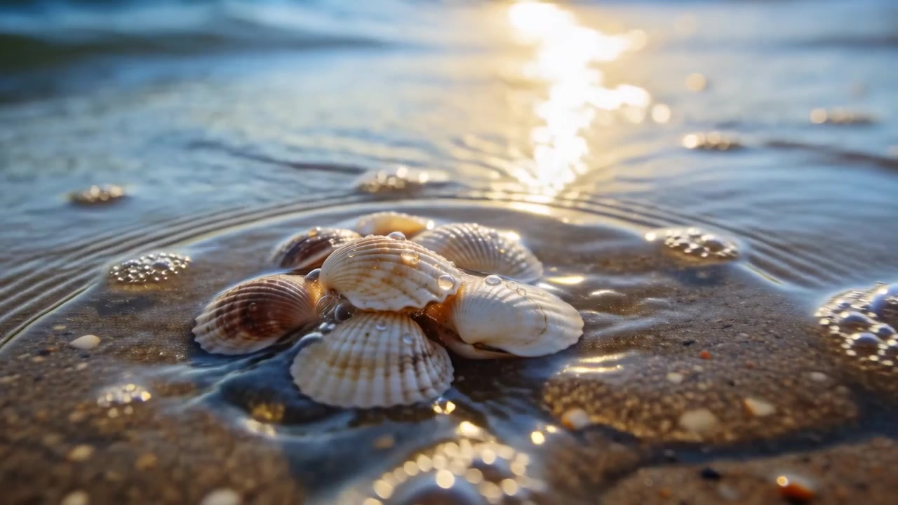Foam wave lapping submerging retreating around six scallop shells at sandy shore leaving ripples