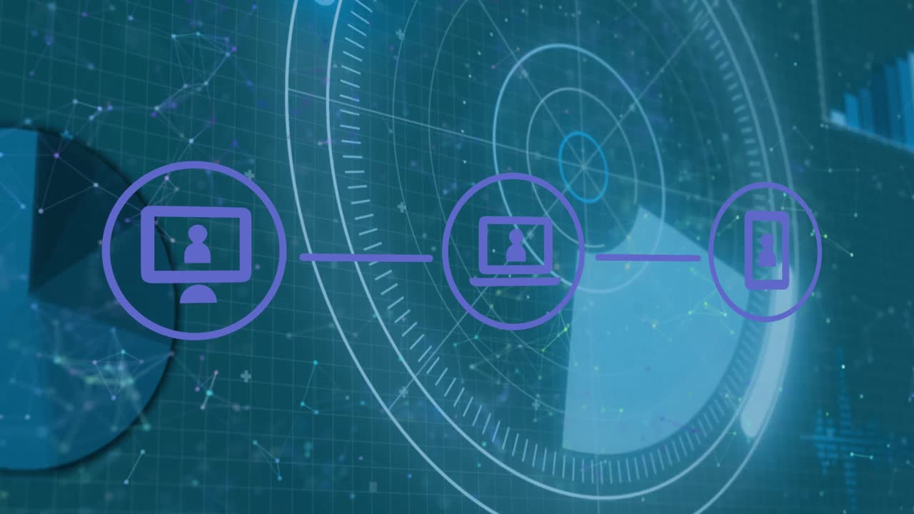 파란색 배경에 범위 스캐닝 이상 아이콘으로 연결 네트워크의 애니메이션