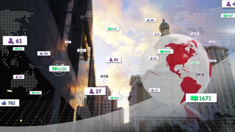 translucent globe floating over virtual grid, connecting social icons across cityscape