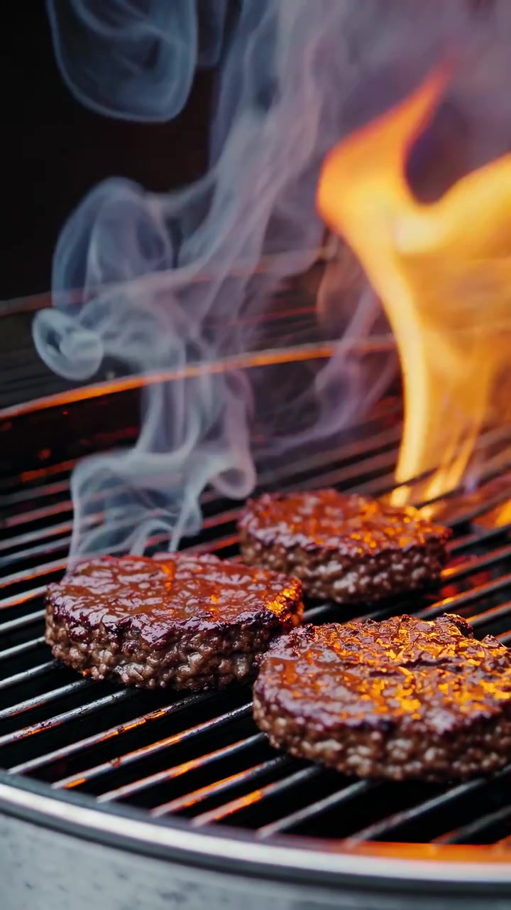 Hamburger che sfrigolano su una griglia calda con fiamme e fumo
