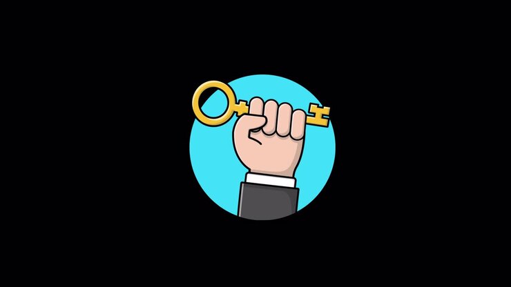 Tangan Animasi Memegang Kunci Emas dalam Lingkaran Biru