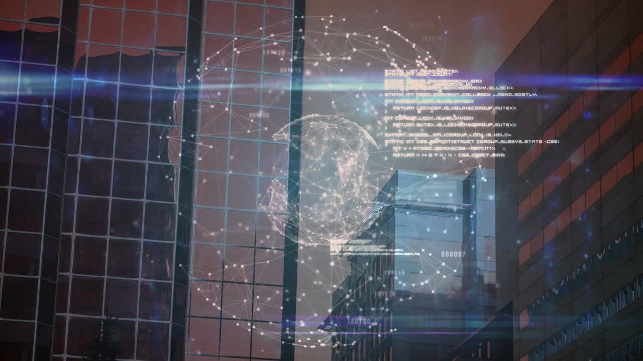 Animation of computer language, connected dots forming globe against buildings and sky