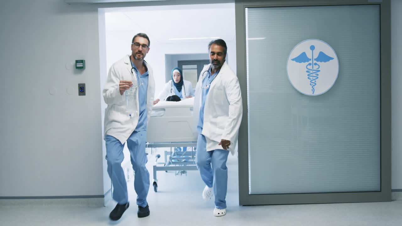 Doctors running with patient in hospital bed in emergency 4k
