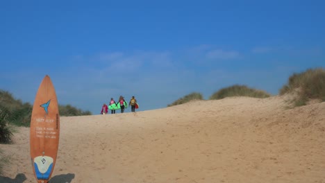 los surfistas se dirigen al horizonte hacia la playa en un día soleado