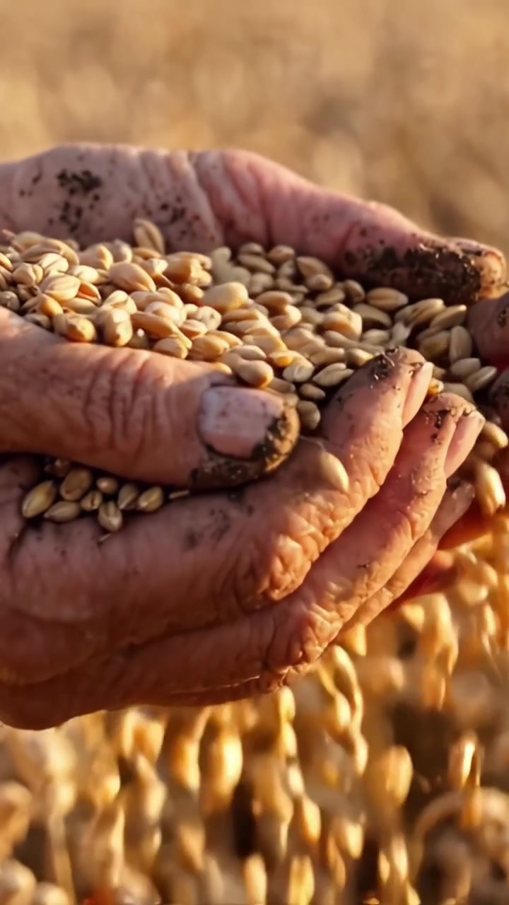 Cultivando a Natureza: Uma Visão em Close-Up de Mãos Marcadas pelo Tempo Segurando Sementes Colhidas em Meio a Campos Dourados, Simbolizando a Agricultura e a Abundância no Ciclo da Colheita