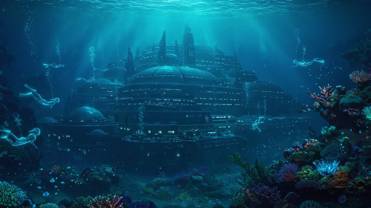Beneath the Waves: A Breathtaking Underwater Cityscape Capturing the Beauty of Marine Life and an Advanced Civilization in a Vibrant Aquatic Environment