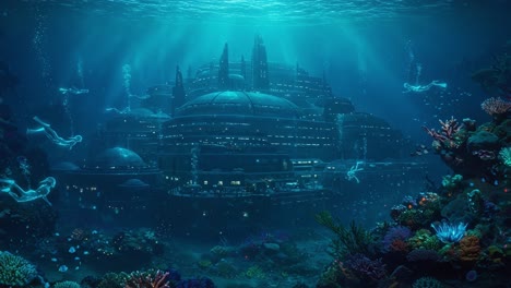 Beneath the Waves: A Breathtaking Underwater Cityscape Capturing the Beauty of Marine Life and an Advanced Civilization in a Vibrant Aquatic Environment