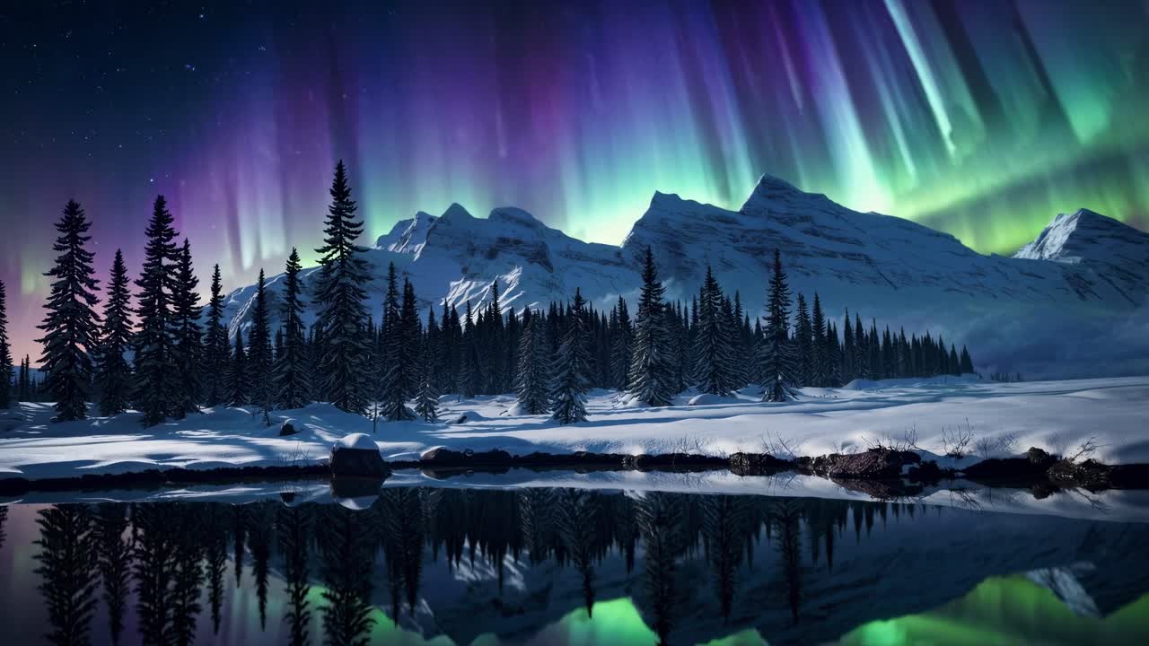 A mesmerizing wide-angle video captures the Northern Lights over snowy mountains and a reflective