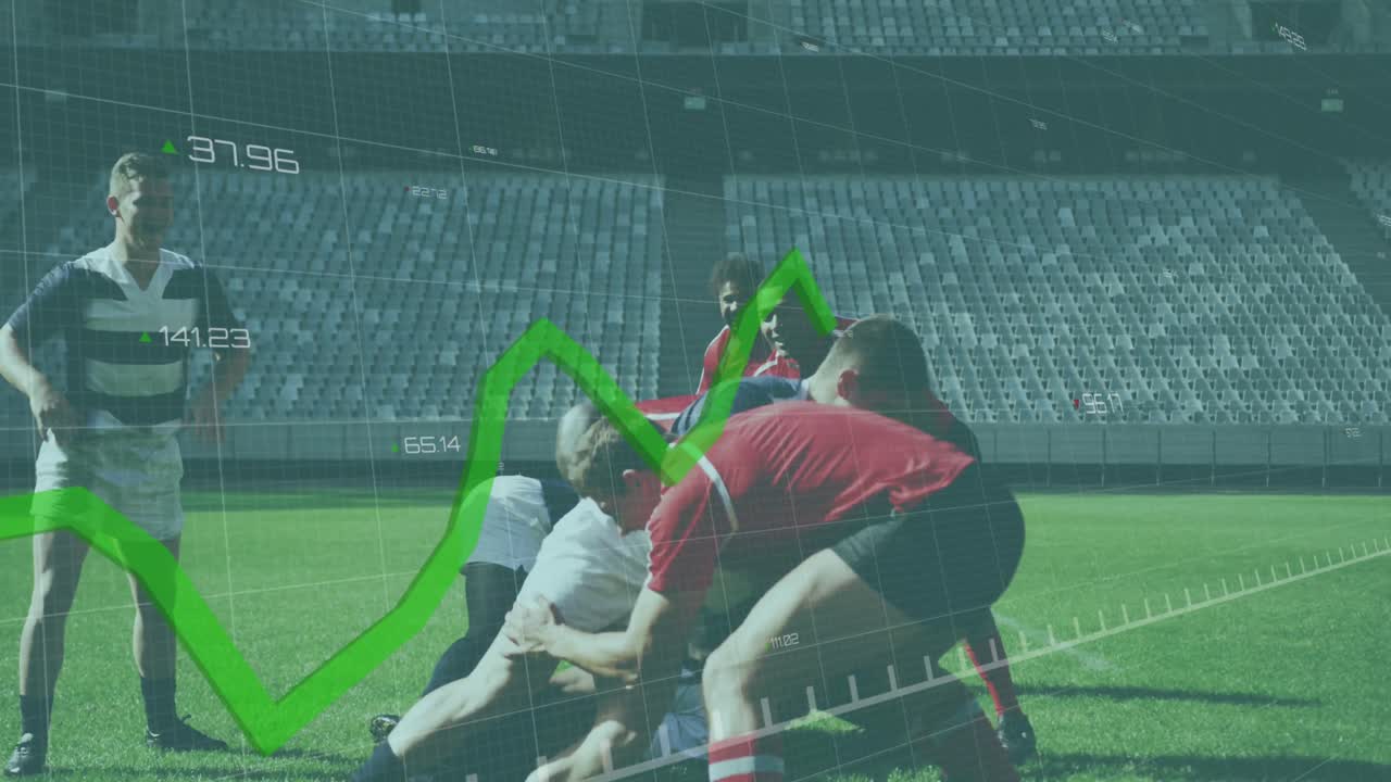 두 개의 다민족 럭비 팀이 럭비를 하는 그래프와 데이터의 애니메이션