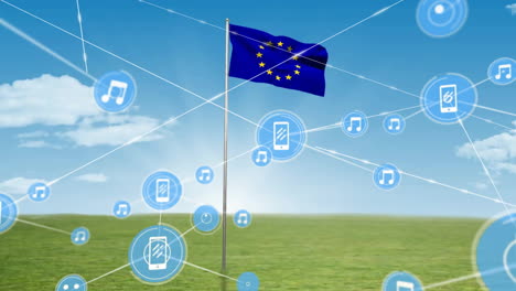 animation of network of connections with smartphone icons over flag of eu