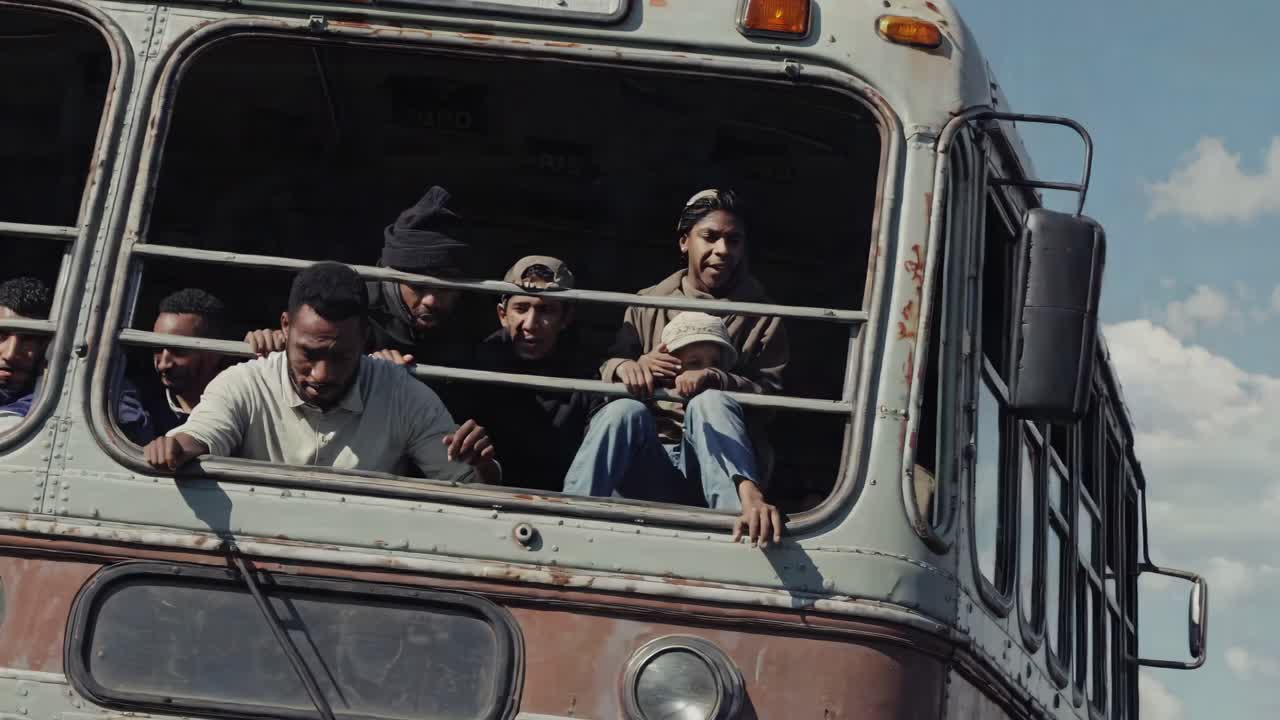 비는 버스를 타고 여행하는 사람들