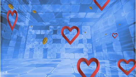 animation of balls and hearts over blue digital space