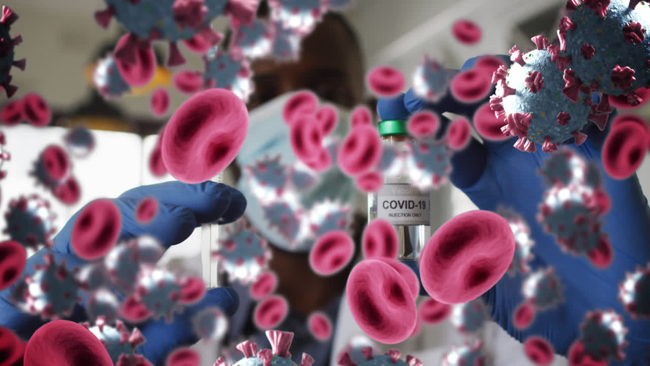 코로나19 백신 주사기를 들고 있는 아프리카계 미국인 남성 의사 위의 코로나 바이러스 세포 애니메이션