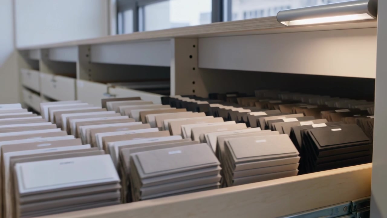 Sliding wooden drawer revealing swatches in materials lab, lamp lighting gray tones for choosing