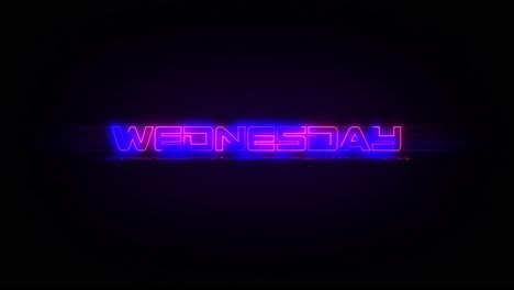 flashing wednesday electric blue and pink neon sign flashing on and off with flicker, reflection, and anamorphic lights in 4k