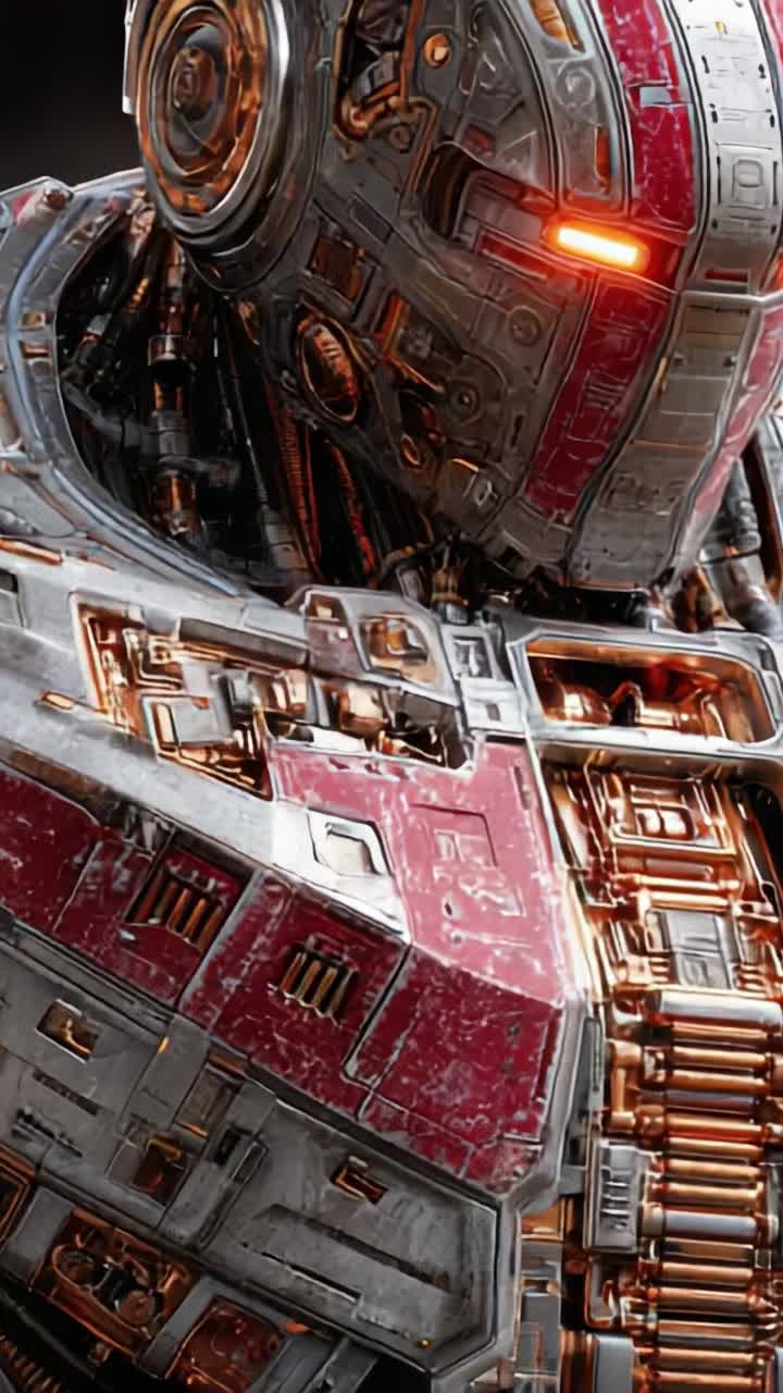 Close-Up Views of a Futuristic Cybernetic Robot with an Intricate Design Emphasizing Metallic Textures and a Distinctive Red and Silver Color Scheme