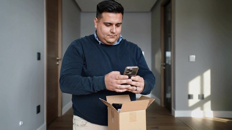 Opening man in navy sweater at hallway table, removing phone from shipping box and checking screen