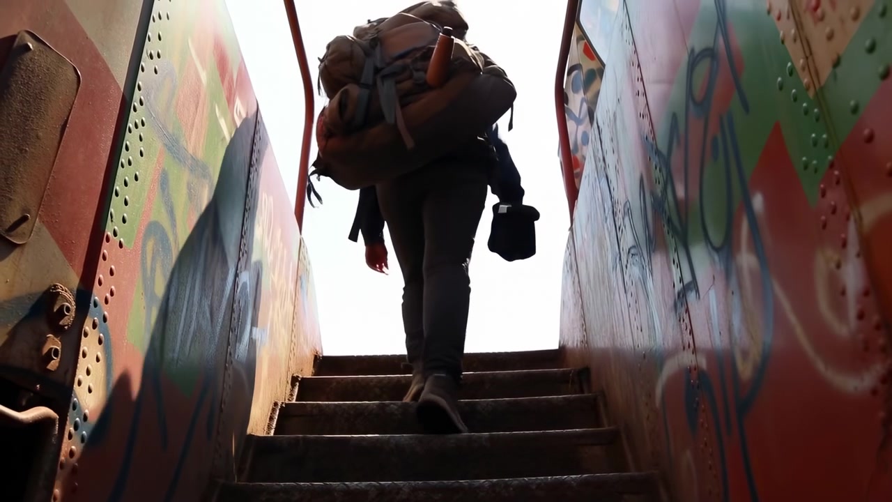 Low angle view of silhouetted person ascending confined metal staircase between graffitied railcars, with harsh backlight, rough textures, dark contrast, and strong urban mood, with person