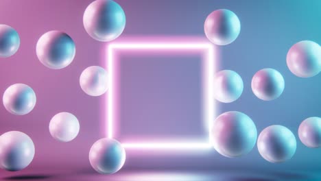 4k video of balls in motion and square on blue purple background.