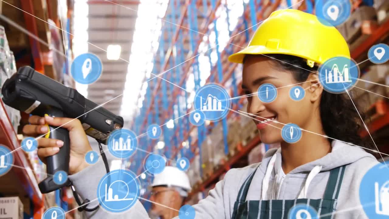 animación de iconos digitales sobre una trabajadora afroamericana usando un dispositivo de escaneo en el almacén.