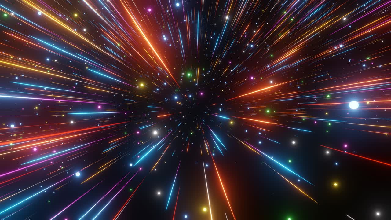 fondo abstracto del hiperespacio. velocidad de la luz, rayos brillantes de neón en movimiento. moviéndose a través de las estrellas. bucle sin costuras de 4k