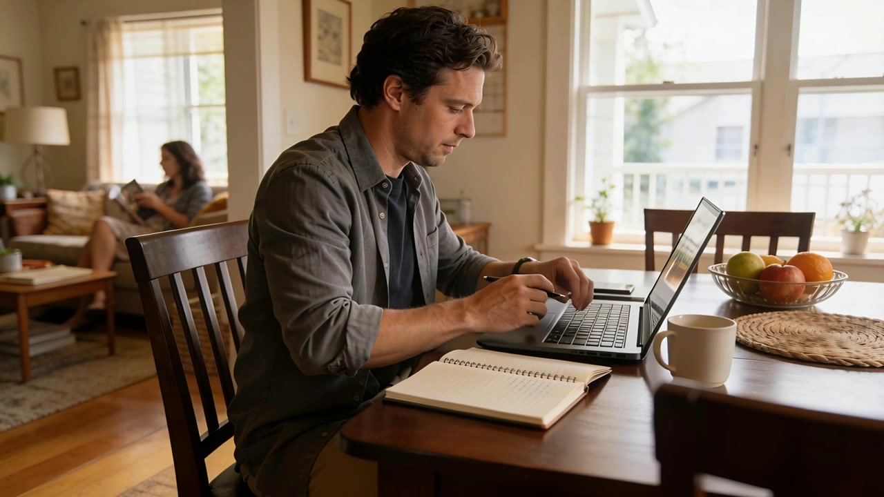 Glancing at laptop, man in shirt working, writing, grabbing mug, typing at dining table, notebook