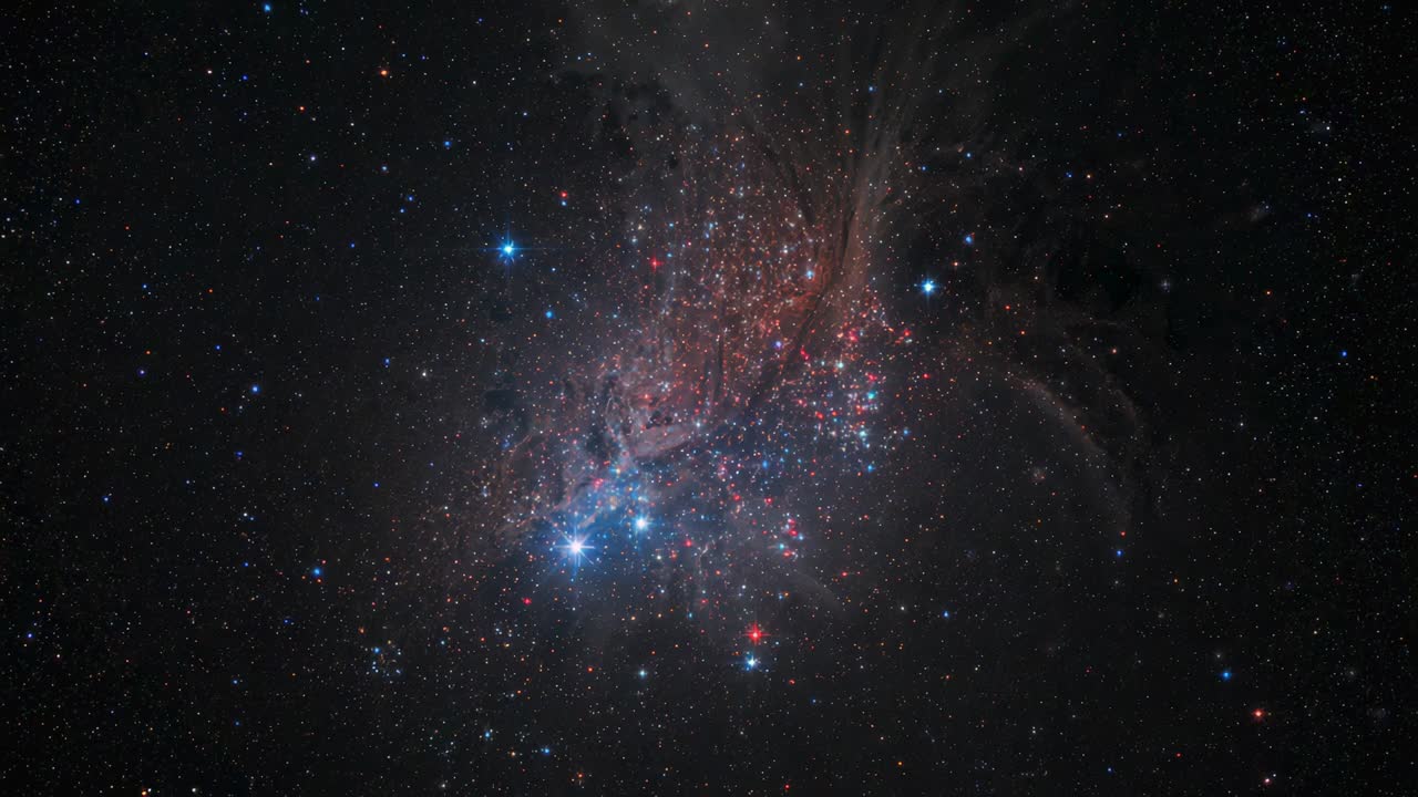 Showing frame stack capturing nebula brightening via scope revealing blue core red knots dust lanes