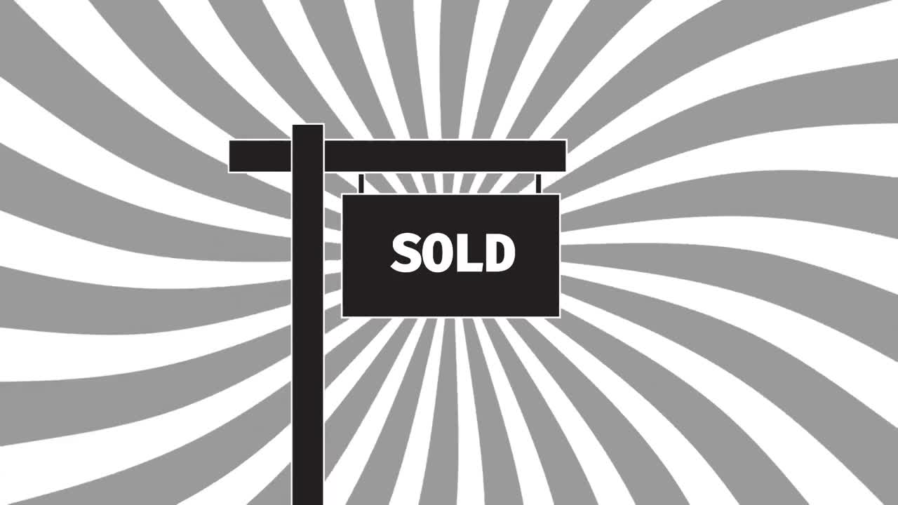 움직이는 모양 위에 판매 된 텍스트와 함께 표지판의 애니메이션