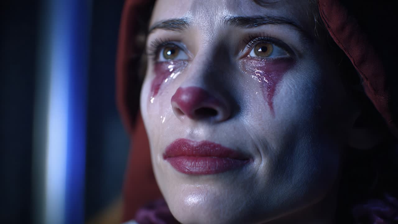 Emotional Transformations: A Close-Up of a Clown's Tearful Expression Capturing the Depth of Feelings Behind the Makeup and Mask of Laughter and Sadness