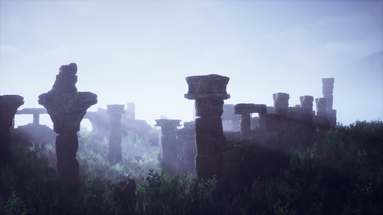 안개 가 가득 한 풍경 에 있는 고대 유적 들