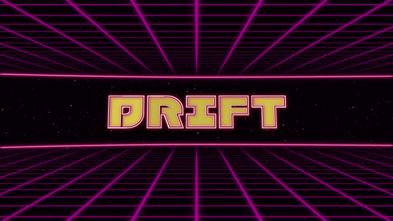Titolo Drift animato in stile retro-futuristico anni '80 '90. Quadrati animati e sfondo retrò