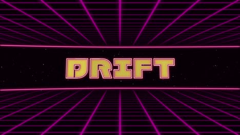 título drift animado retro futurista estilo de los años 80 y 90. cuadrados de animación y fondo retro