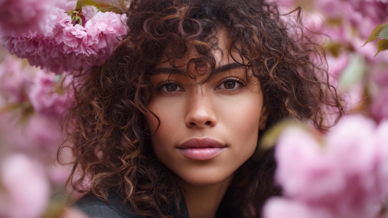 Uma Jovem Mulher Rodeada por Flores de Cerejeira Florescendo, Exalando Beleza Natural e Serenidade, Capturando a Essência da Primavera e a Elegância Refinada na Retratística.
