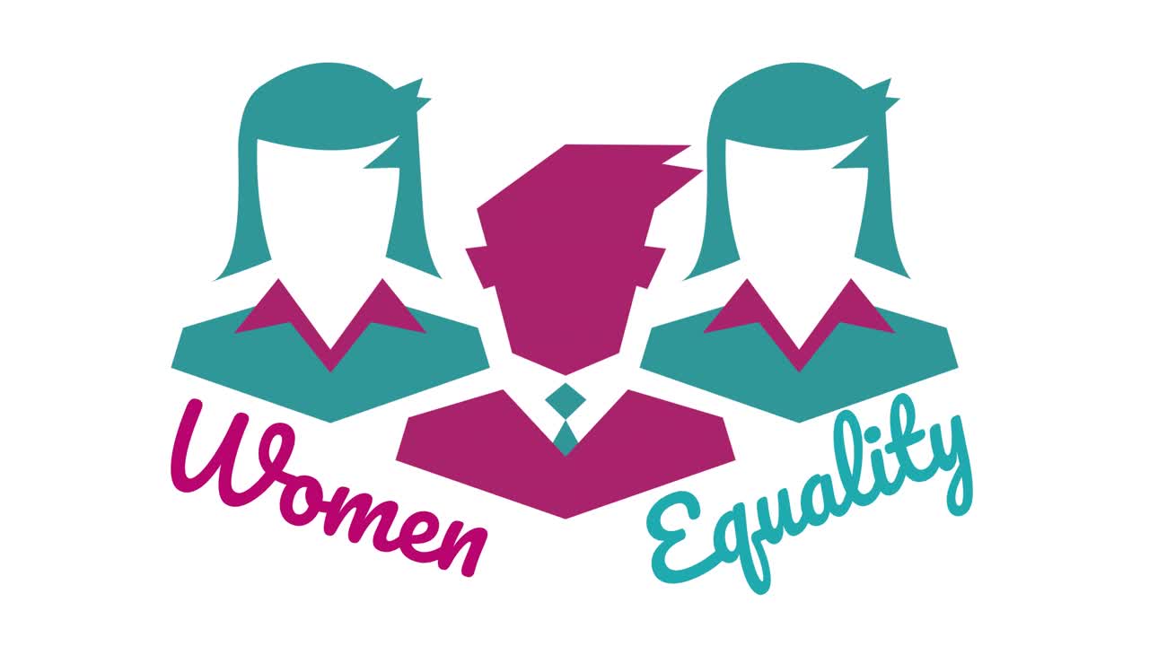 Animation of business people icons over women equality text